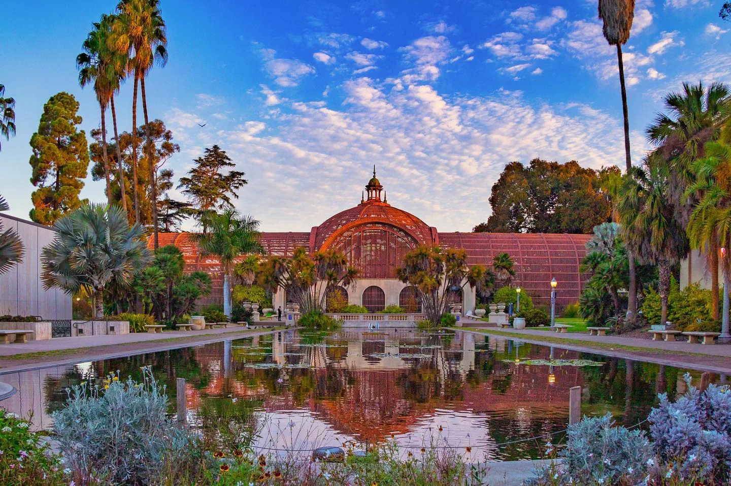Ornate Spanish Colonial Revival buildings beneath a clear sky in Balboa Park